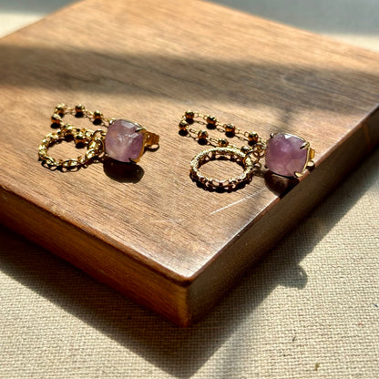 Amethyst And Chain Hoop-like Gold-plated Earring