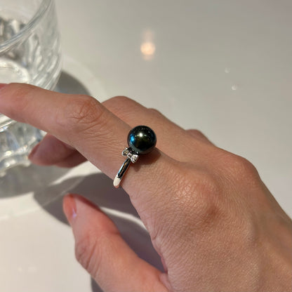 18K White Solid Gold Black Tahiti Pearl And Natural Diamond Ring