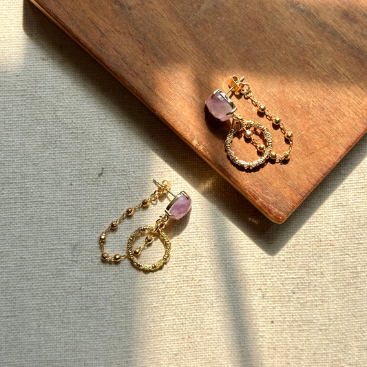 Amethyst And Chain Hoop-like Gold-plated Earring