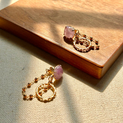 Amethyst And Chain Hoop-like Gold-plated Earring