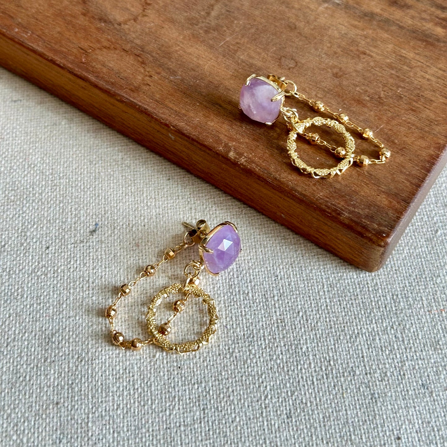 Amethyst And Chain Hoop-like Gold-plated Earring