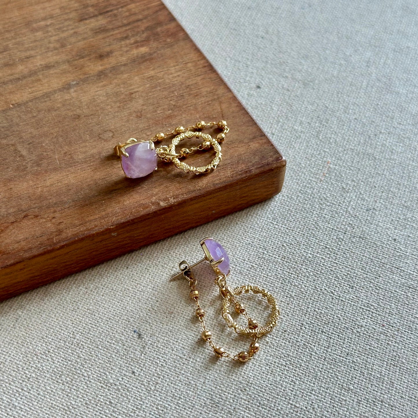 Amethyst And Chain Hoop-like Gold-plated Earring