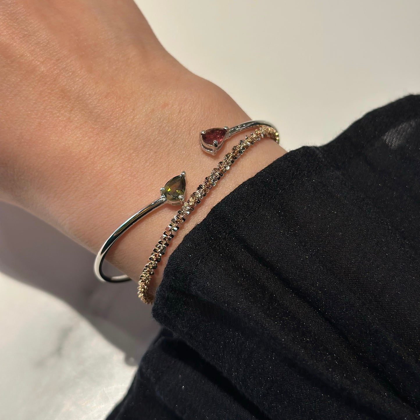 Pink And Green Tourmaline Sterling Silver Bangle