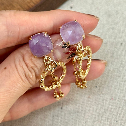 Amethyst And Chain Hoop-like Gold-plated Earring