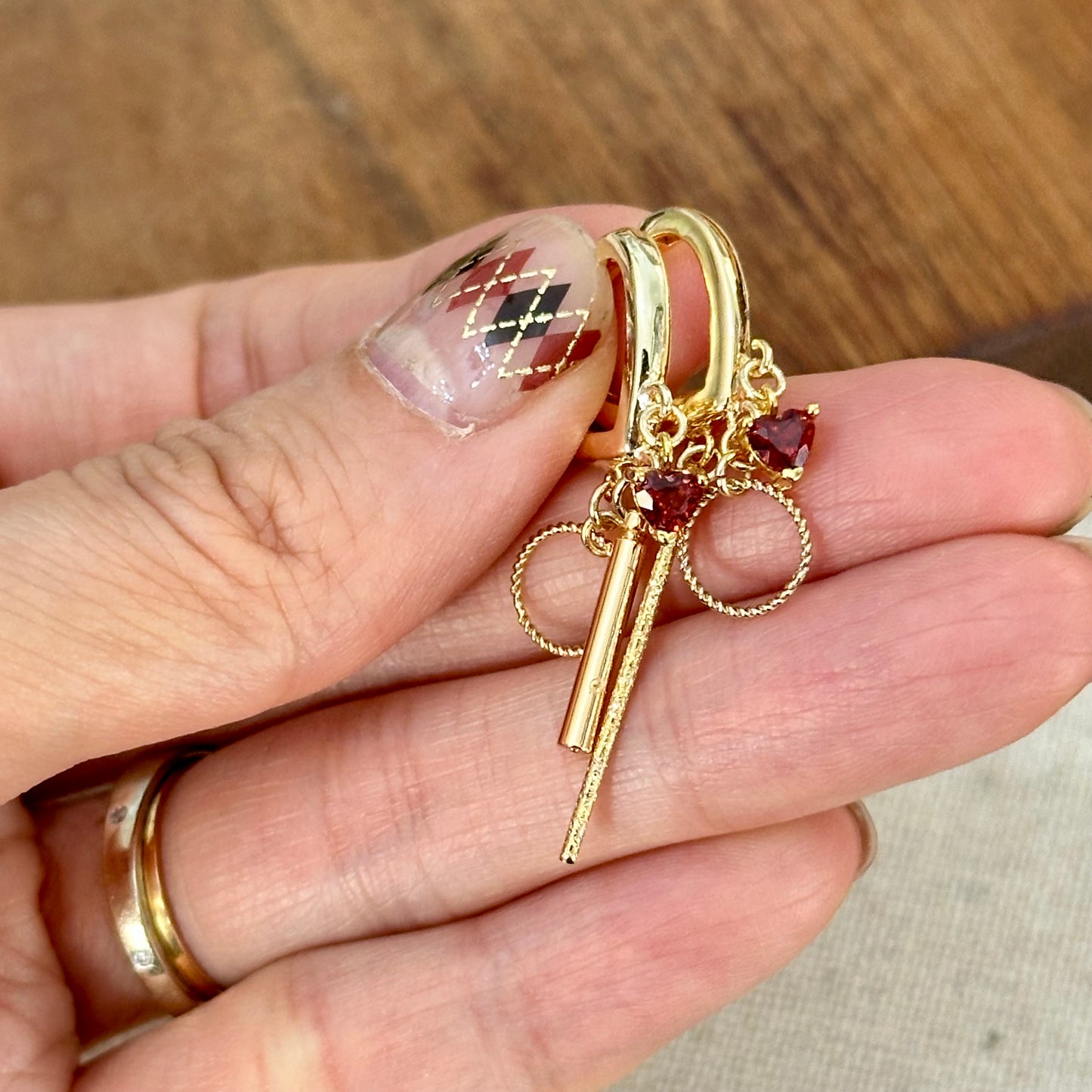 Heart Garnet Dangling Gold-plated Ear Hoop