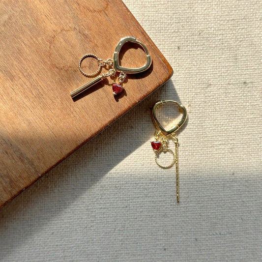 Heart Garnet Dangling Gold-plated Ear Hoop