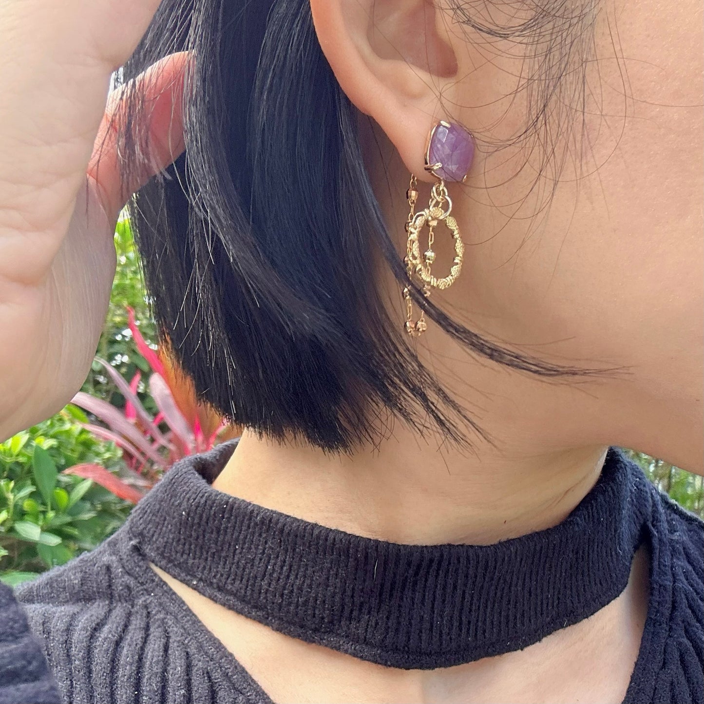 Amethyst And Chain Hoop-like Gold-plated Earring