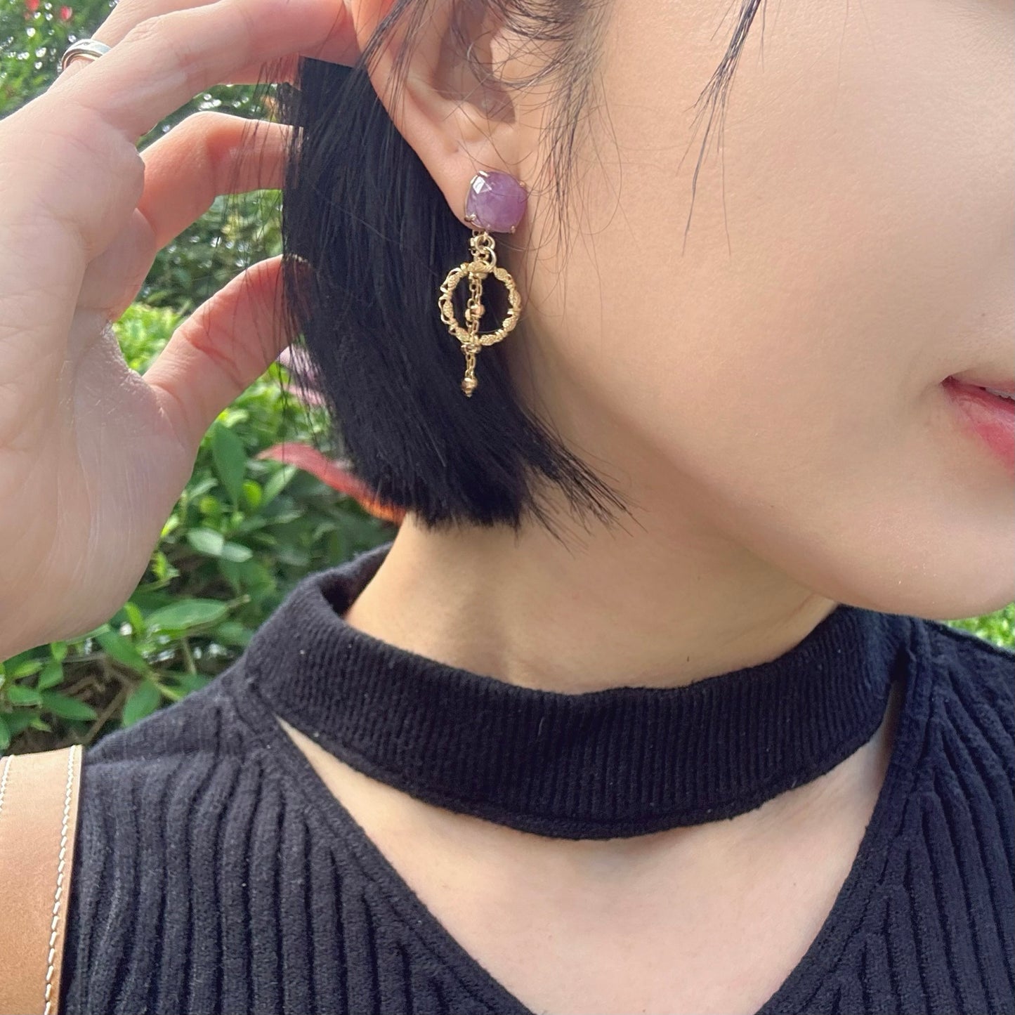 Amethyst And Chain Hoop-like Gold-plated Earring