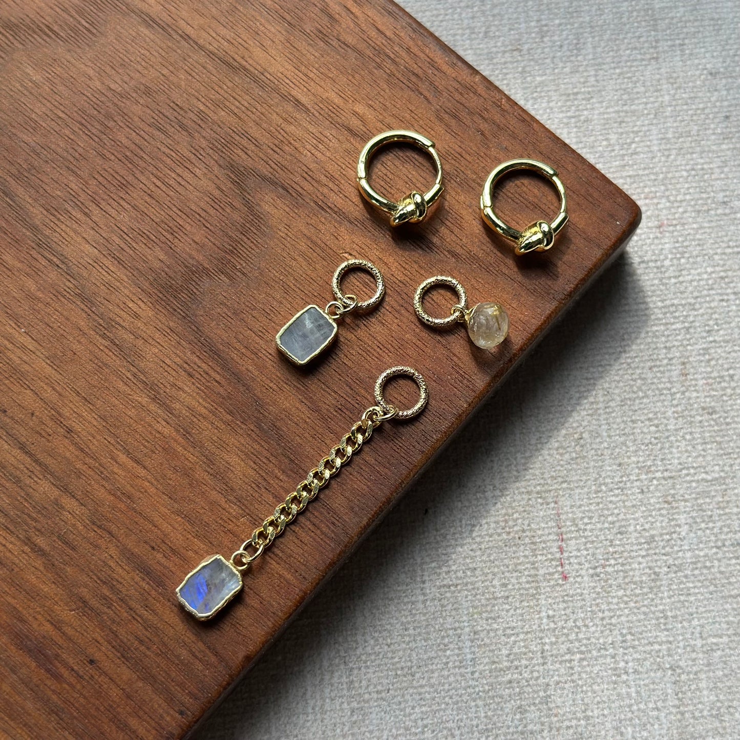Golden Rutilated Quartz And Moonstone Muti-way Gold-plated Ear Hoop