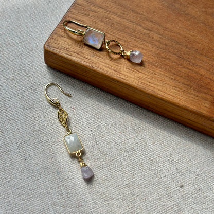 Moonstone And Amethyst Asymmetric Gold-plated Earring
