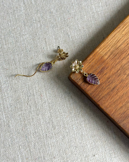 Amethyst Leaves And Floral Gold-plated Ear Stud