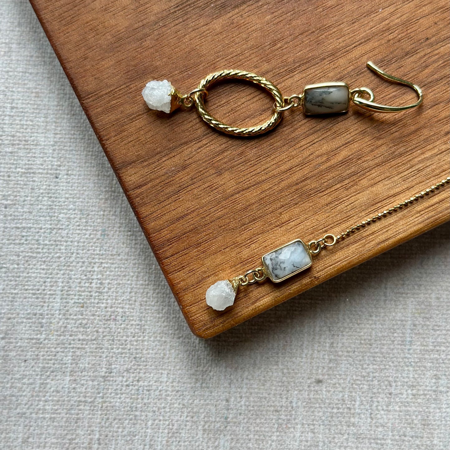Dendritic Agate And Moonstone Gold-plated Earring