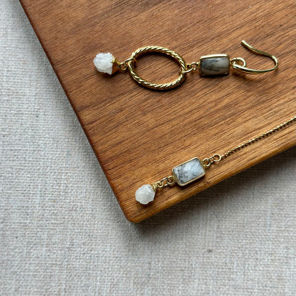 Dendritic Agate And Moonstone Gold-plated Earring