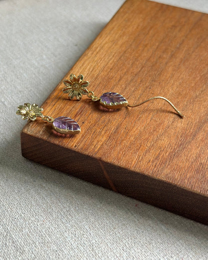 Amethyst Leaves And Floral Gold-plated Ear Stud