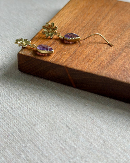 Amethyst Leaves And Floral Gold-plated Ear Stud