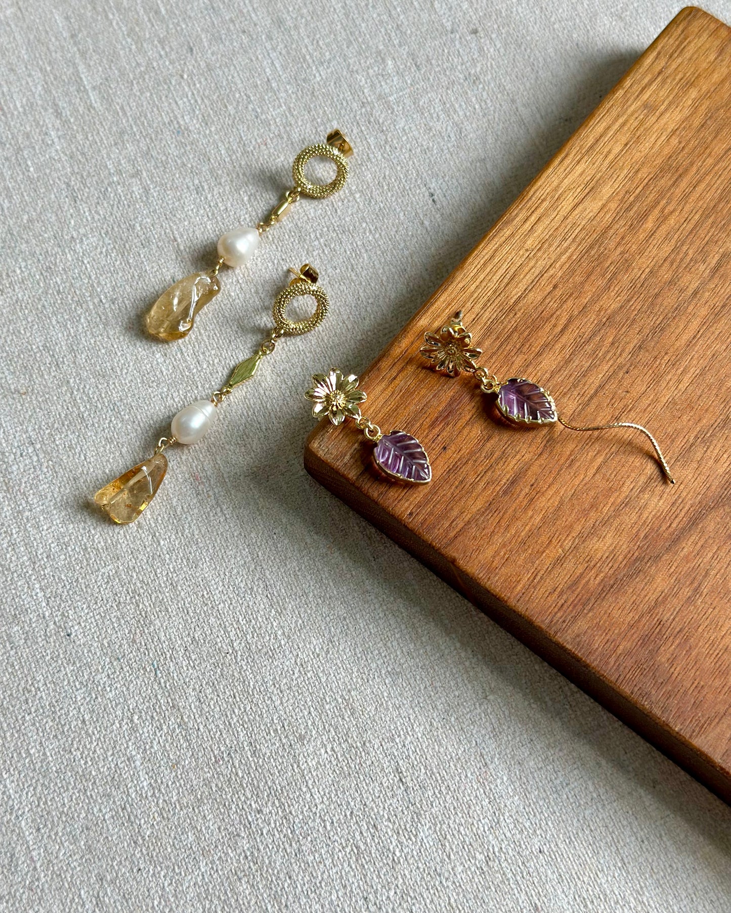 Amethyst Leaves And Floral Gold-plated Ear Stud