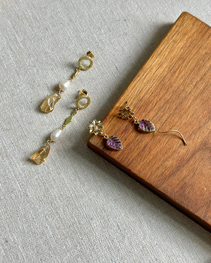 Amethyst Leaves And Floral Gold-plated Ear Stud