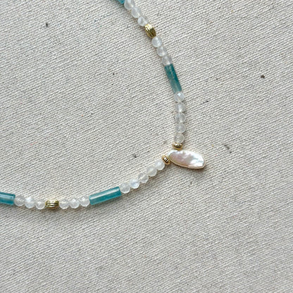 Moonstone And Apatite Mixed Freshwater Pearl  Beaded Necklace