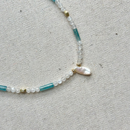 Moonstone And Apatite Mixed Freshwater Pearl  Beaded Necklace