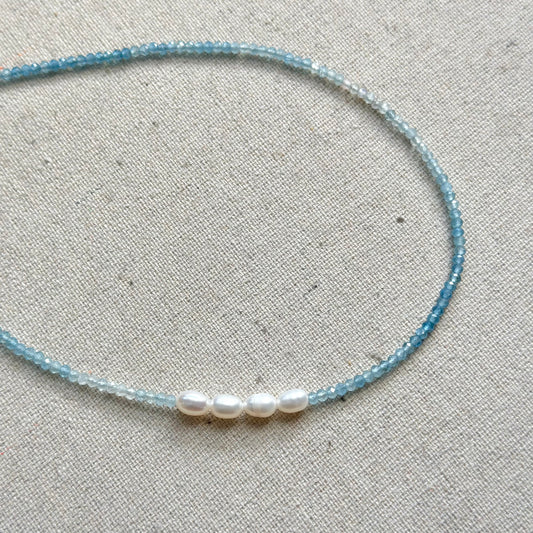 Aquamarine And Freshwater Pearl Asymmetric Beaded Necklace