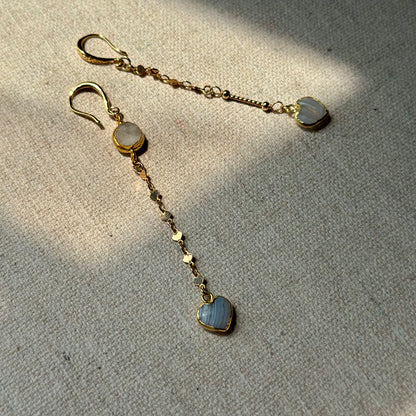 Blue Lace Agate Heart And Moonstone Dangling Gold-plated Earring