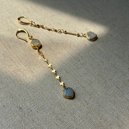 Blue Lace Agate Heart And Moonstone Dangling Gold-plated Earring