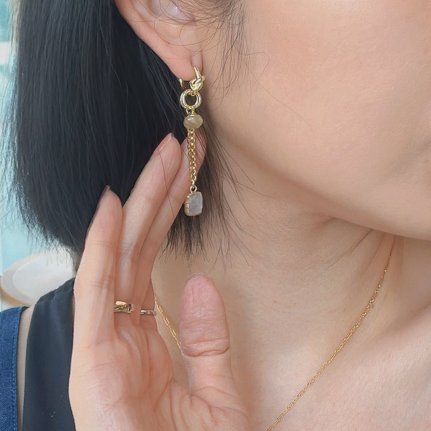 Golden Rutilated Quartz And Moonstone Muti-way Gold-plated Ear Hoop