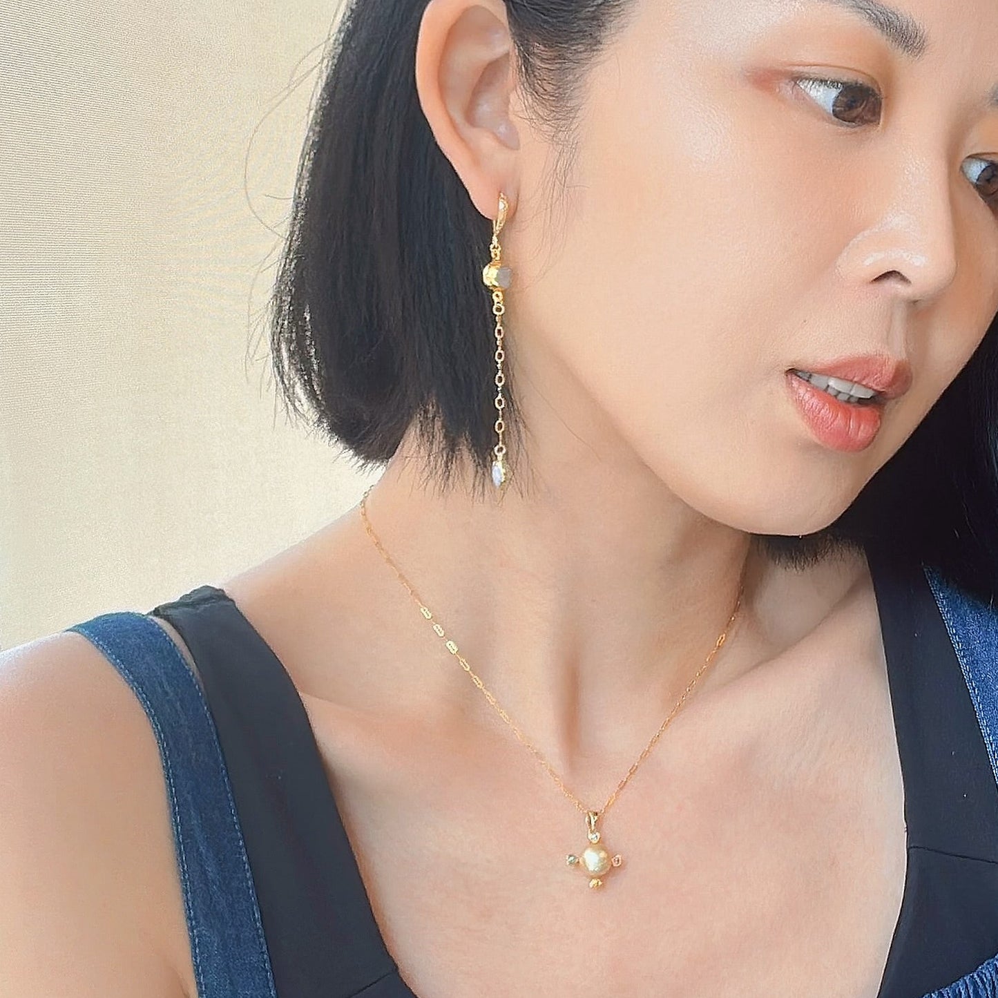 Blue Lace Agate Heart And Moonstone Dangling Gold-plated Earring