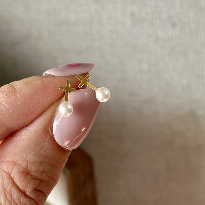 Japan Akoya Pearl & Cross 18K Solid Gold Ear Stud