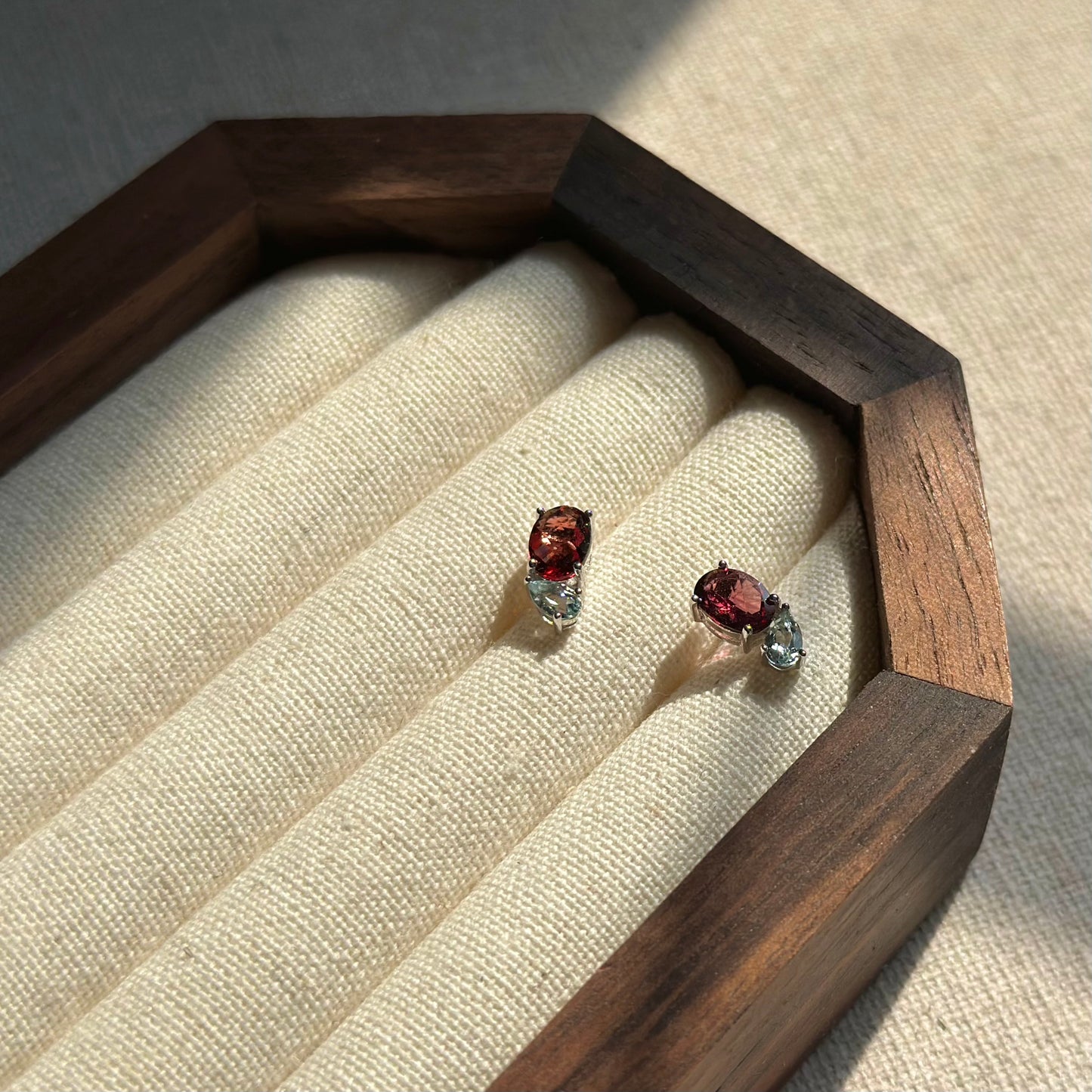 Garnet And Aquamarine Sterling Silver Ear Stud