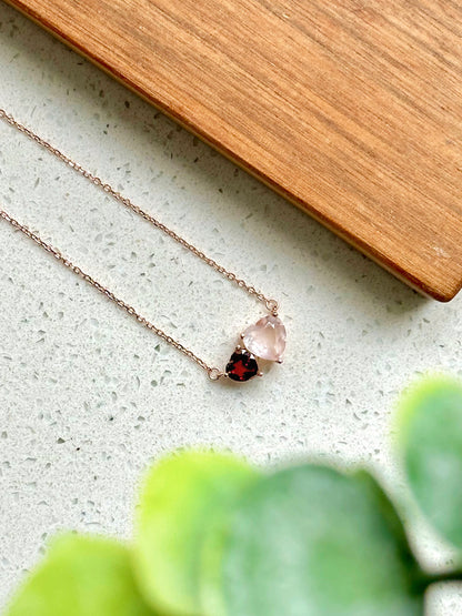 Rose Quartz And Garnet Heart Rose Gold-plated Necklace