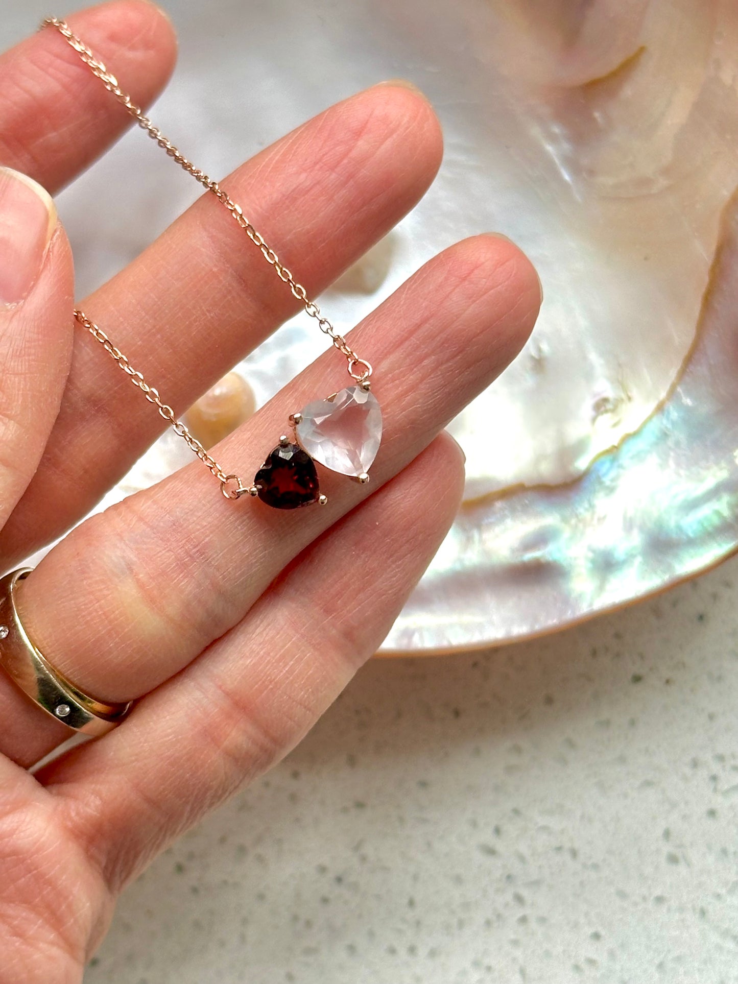 Rose Quartz And Garnet Heart Rose Gold-plated Necklace