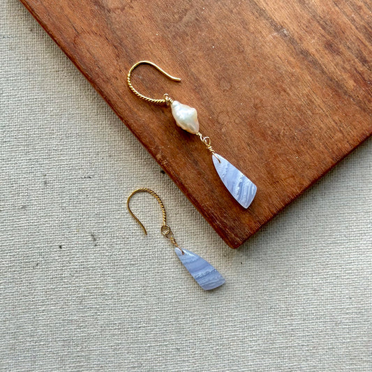 Blue Lace Agate And Baroque Pearl Gold-plated Earring