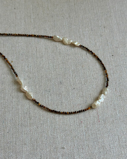 Tiger Eyes And Freshwater Pearl Beaded Necklace