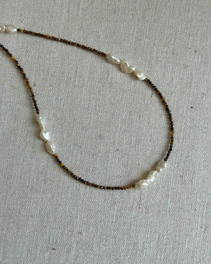 Tiger Eyes And Freshwater Pearl Beaded Necklace