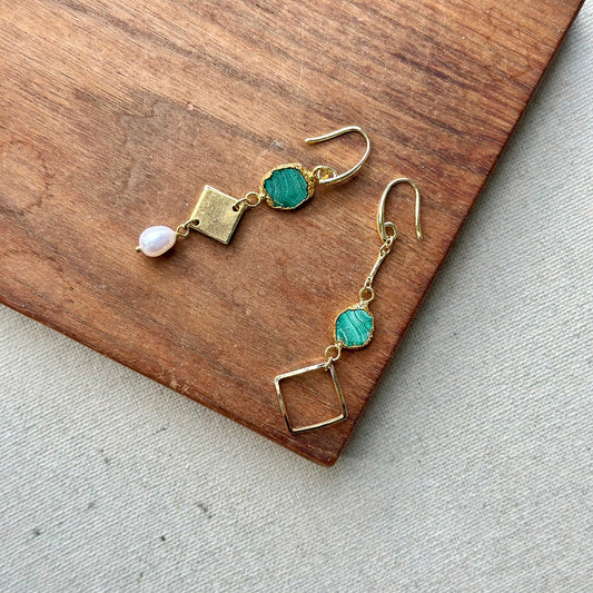 Malachite And Freshwater Pearl Geometric Gold-plated Earring