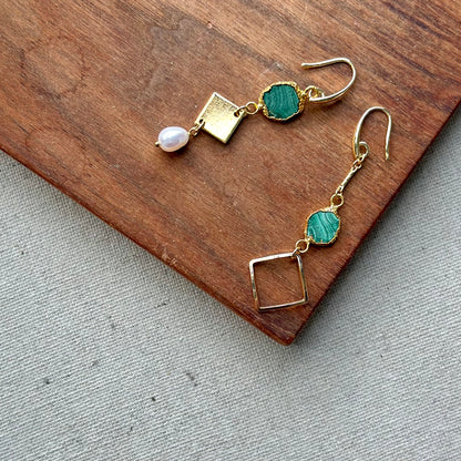 Malachite And Freshwater Pearl Geometric Gold-plated Earring