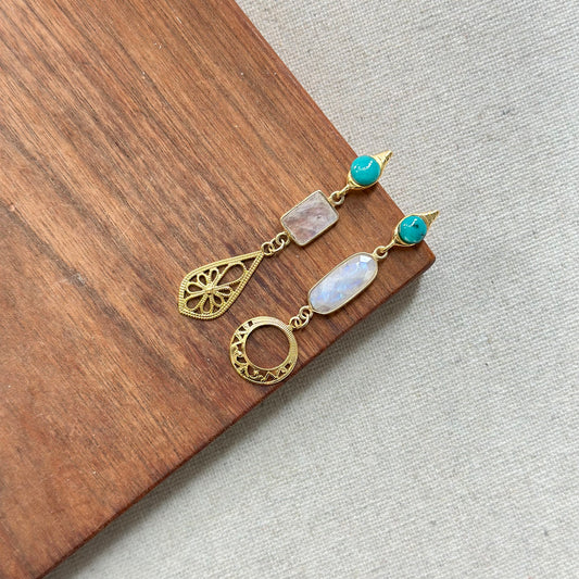 Turquoise And Moonstone Filigree Gold-plated Earring