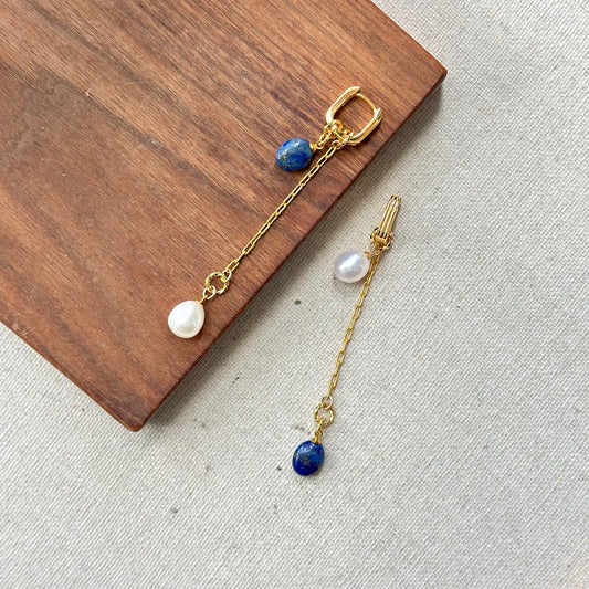 Multi-way Lapis And Freshwater Pearl Gold-plated Ear Hoop
