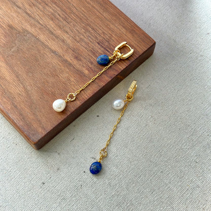 Multi-way Lapis And Freshwater Pearl Gold-plated Ear Hoop