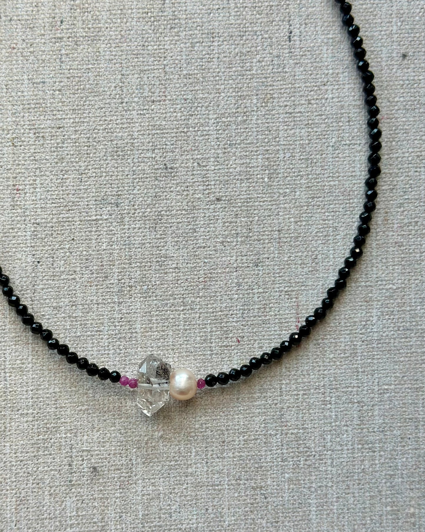 Black Onyx Mixed Ruby And Herkimer Diamond  Necklace