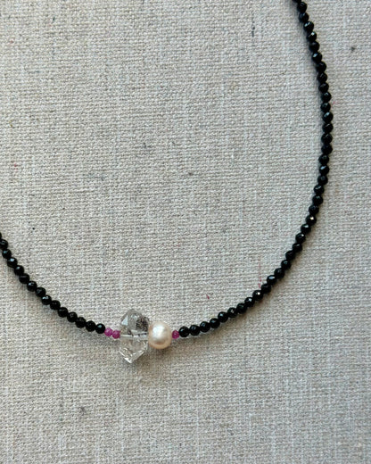 Black Onyx Mixed Ruby And Herkimer Diamond  Necklace