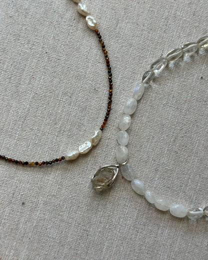 Tiger Eyes And Freshwater Pearl Beaded Necklace