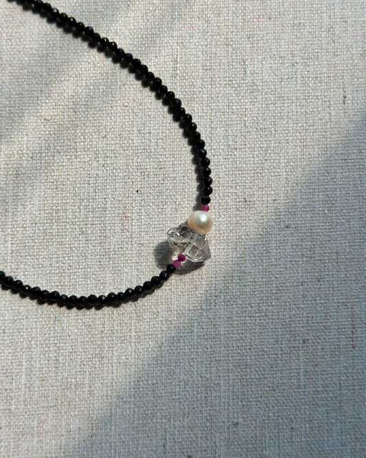 Black Onyx Mixed Ruby And Herkimer Diamond  Necklace