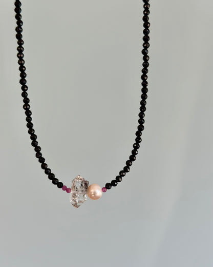 Black Onyx Mixed Ruby And Herkimer Diamond  Necklace