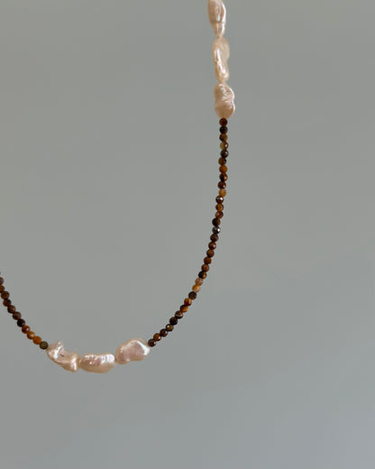 Tiger Eyes And Freshwater Pearl Beaded Necklace