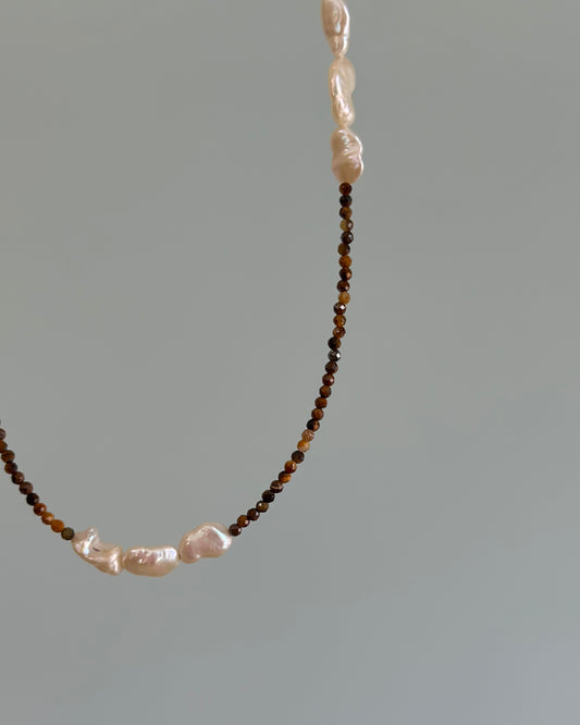Tiger Eyes And Freshwater Pearl Beaded Necklace