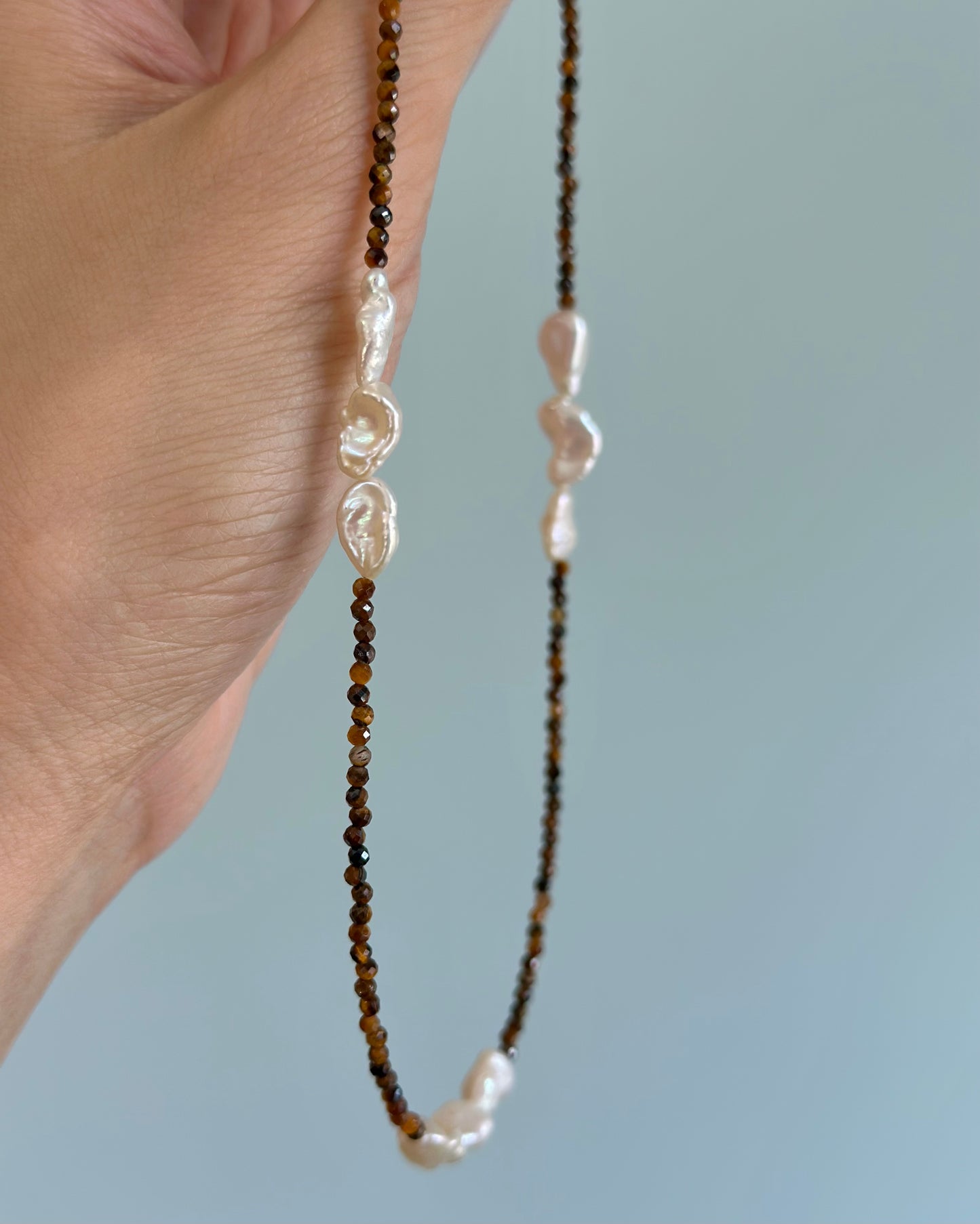 Tiger Eyes And Freshwater Pearl Beaded Necklace