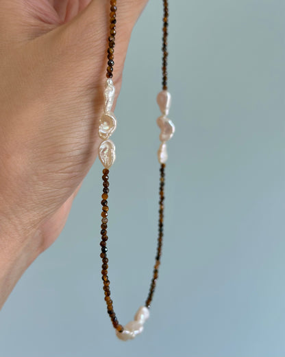 Tiger Eyes And Freshwater Pearl Beaded Necklace