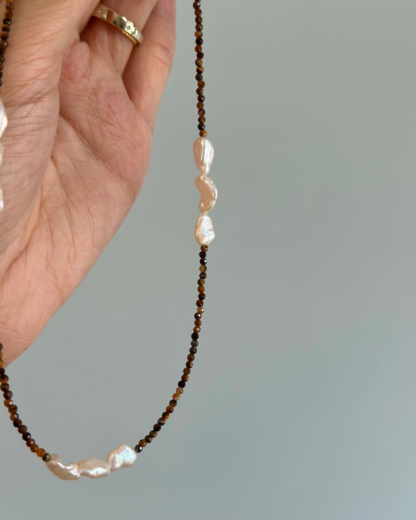 Tiger Eyes And Freshwater Pearl Beaded Necklace
